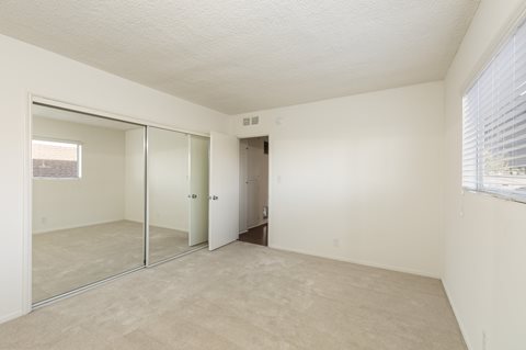 Bedroom with Carpet Floors and Mirrored Wardrobe Closet